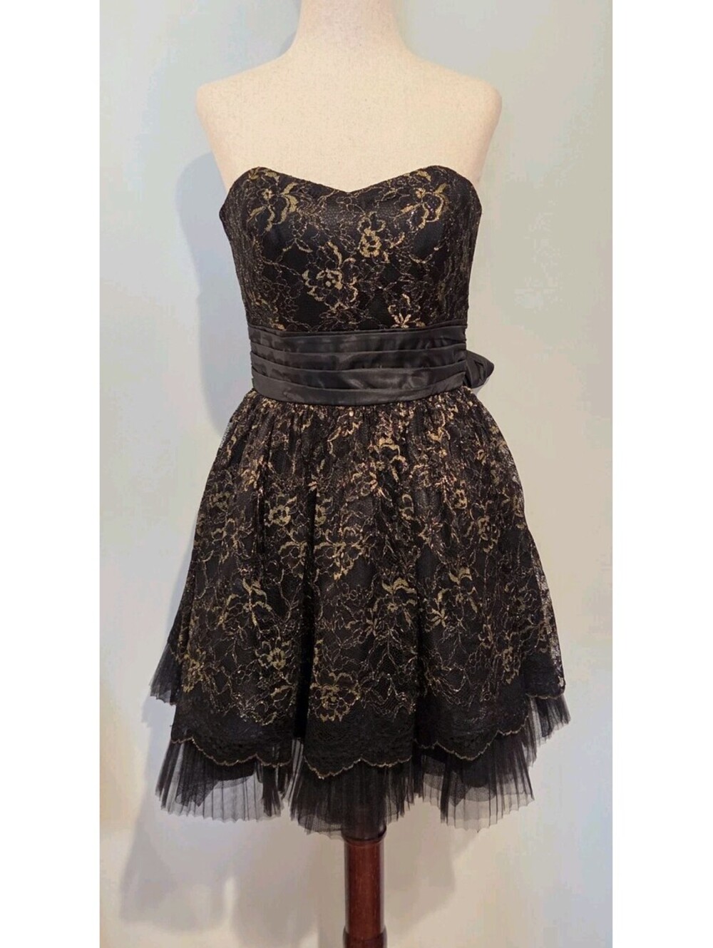 Betsey Johnson Sz 4 Black Gold Lace Pleated Tulle Strapless Vintage Mini Dress